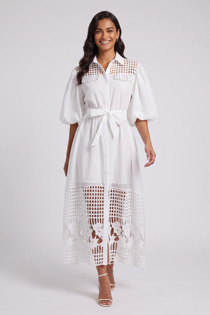 White A-Line Shirt Dress with Lace Panels and Puff Sleeves white smooth woven cotton-blend shirt dress - product view 1