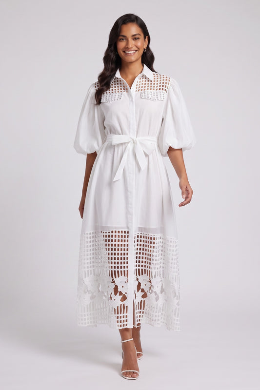 White A-Line Shirt Dress with Lace Panels and Puff Sleeves white smooth woven cotton-blend shirt dress - product view 1