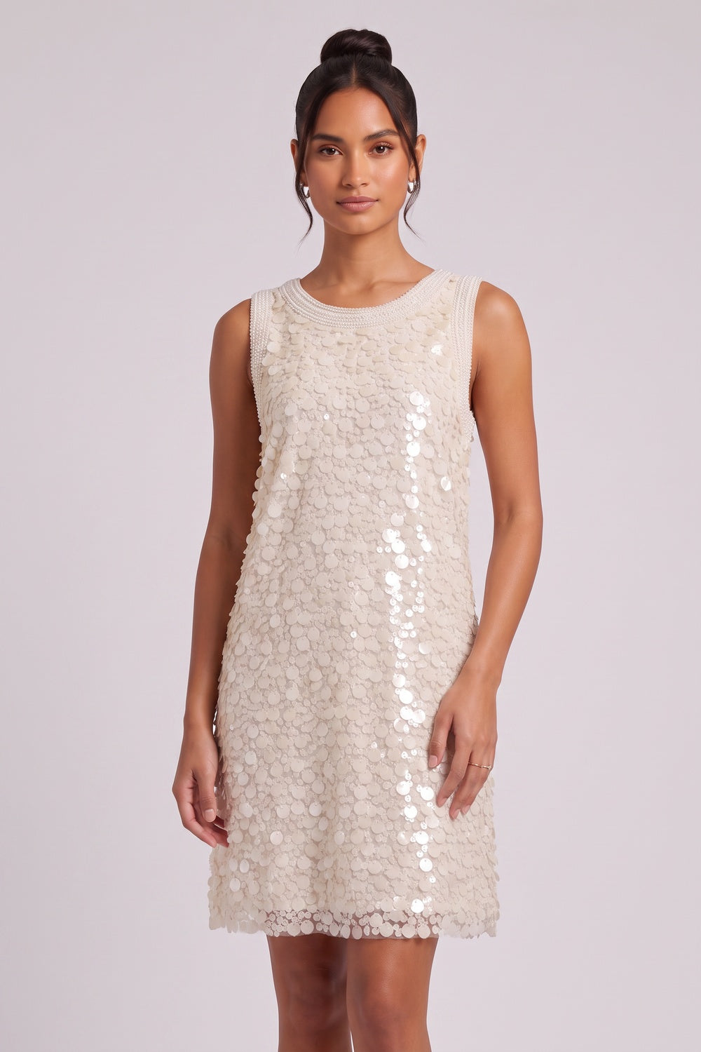 Cream Mesh Base with All-Over Sequins Shift Dress cream, ivory mesh base with all-over sequins dress - product view 3