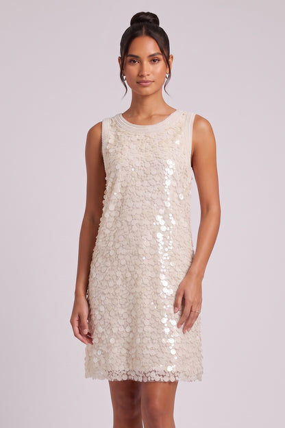 Cream Mesh Base with All-Over Sequins Shift Dress cream, ivory mesh base with all-over sequins dress - product view 3