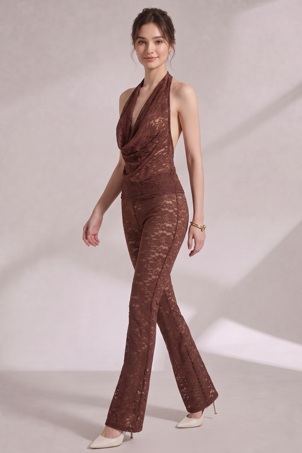 chocolate brown lace fitted halter top with cowl neck; slim-fit pants flaring from the knee two-piece set (halter top and matching pants) chocolate brown lace two-piece set (halter top and matching pants) - product view 2