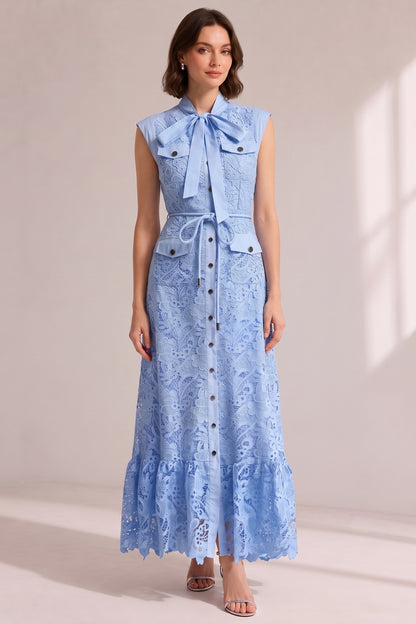 Sky Blue Sleeveless Tie Neck Cargo Pocket Floral Lace Midi Shirt Dress
