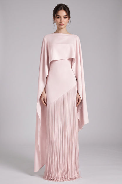 Pale Pink Heavy Matte Crepe Column with Asymmetrical Cape Overlay Evening Gown pale pink heavy matte crepe evening gown - product view 1