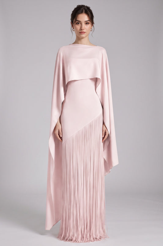 Pale Pink Heavy Matte Crepe Column with Asymmetrical Cape Overlay Evening Gown pale pink heavy matte crepe evening gown - product view 1
