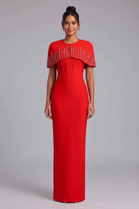bright red heavy crepe column maxi dress with capelet bright red heavy crepe maxi dress with capelet - product view 1