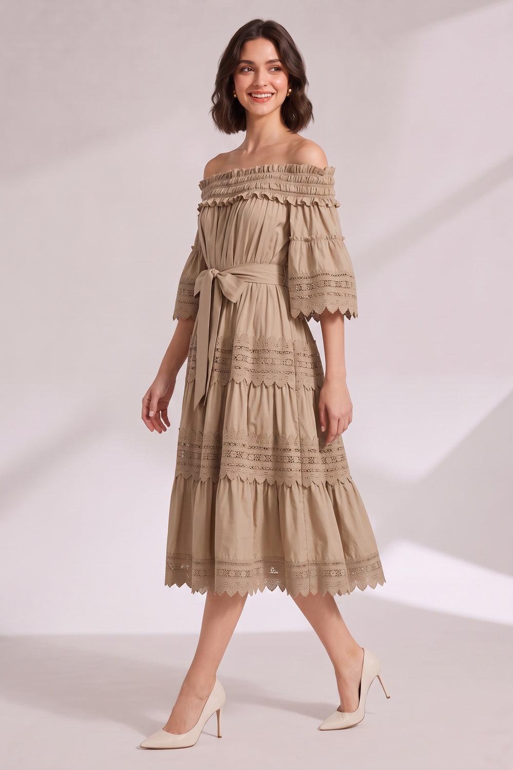 Beige Off-The-Shoulder Tiered Midi Dress with Lace Inserts Premium Fabric - product view 4