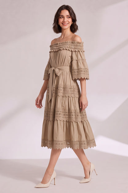 Beige Off-The-Shoulder Tiered Midi Dress with Lace Inserts Premium Fabric - product view 4