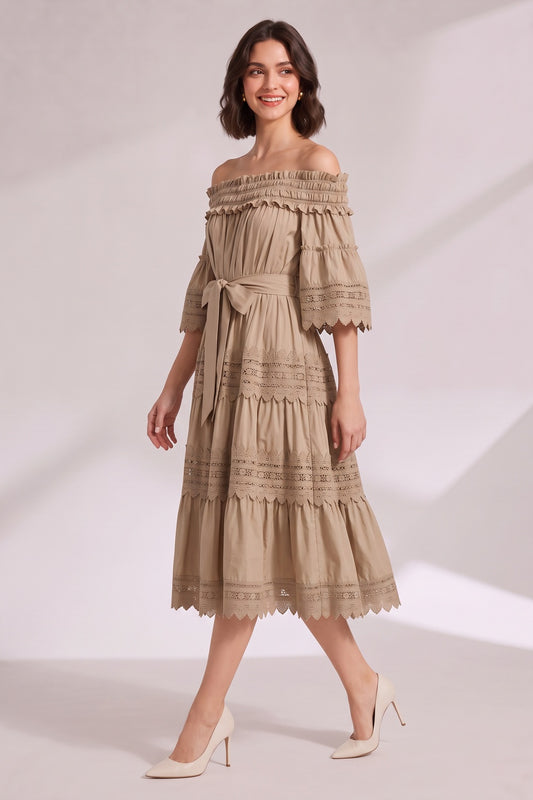 Beige Off-The-Shoulder Tiered Midi Dress with Lace Inserts Premium Fabric - product view 4