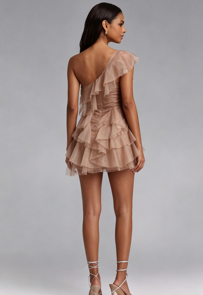 Taupe Tulle A-Line Tiered Mini Dress