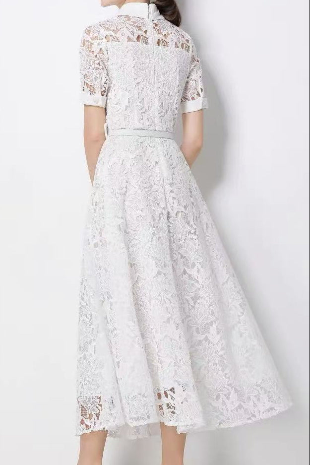 Lace Collared Belted Midi Dress