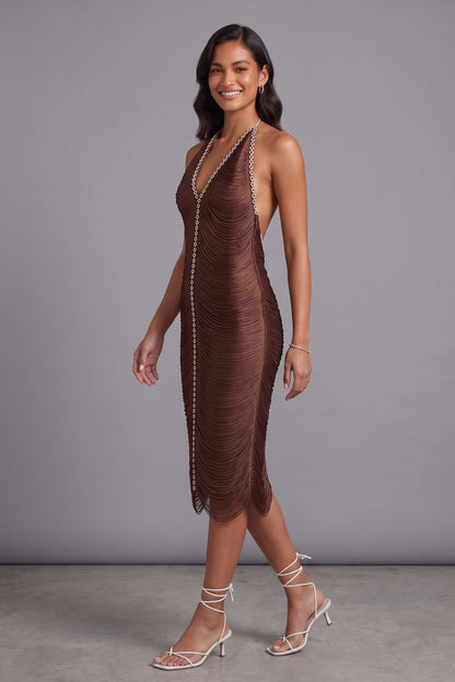 chocolate brown micro-fringe textured synthetic sheath dress chocolate brown micro-fringe textured synthetic dress - product view 3