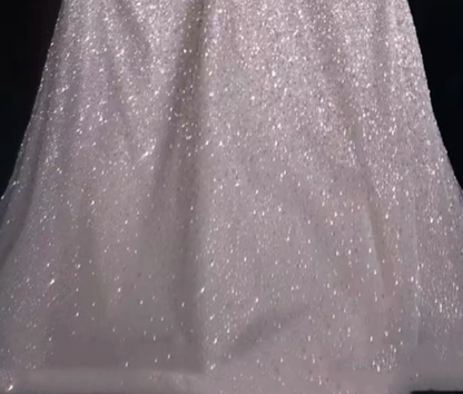 champagne sequined tulle A-line evening gown