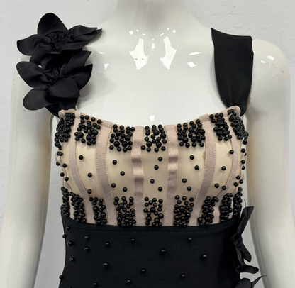 Black Structured Crepe Column Evening Gown with Beaded Bodice