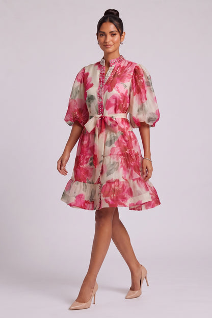 Cream Organza Watercolor Floral A-Line Dress with Puff Sleeves cream, off-white organza dress - product view 4