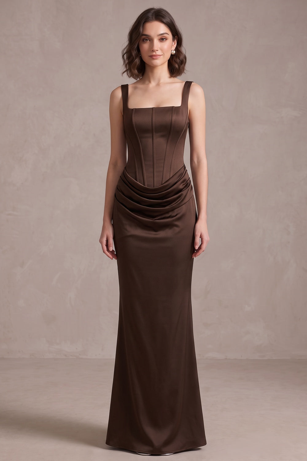 Dark Brown Satin Fitted Column Evening Gown with Draped Hip dark brown satin evening gown - product view 3