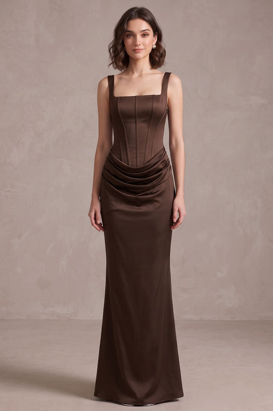 Dark Brown Satin Fitted Column Evening Gown with Draped Hip dark brown satin evening gown - product view 3