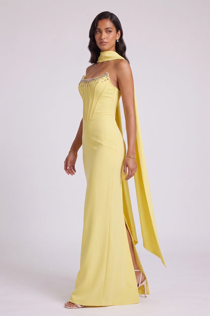 Yellow Halter Maxi Dress with Open Back and Bow Detail Premium Fabric - product view 4