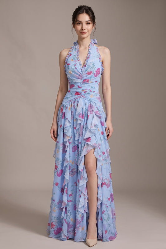 light blue chiffon fit-and-flare gown light blue chiffon gown - product view 1