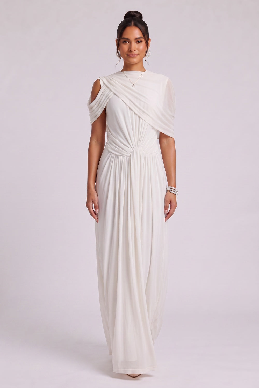 White Draped Maxi Dress with Cold Shoulder Detail Premium Fabric - product view 3