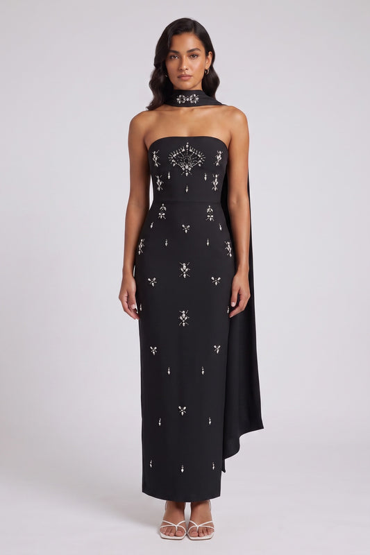 Black Crepe Column Maxi Dress with Silver Embellishment and Cape Detail black crepe maxi dress - product view 1