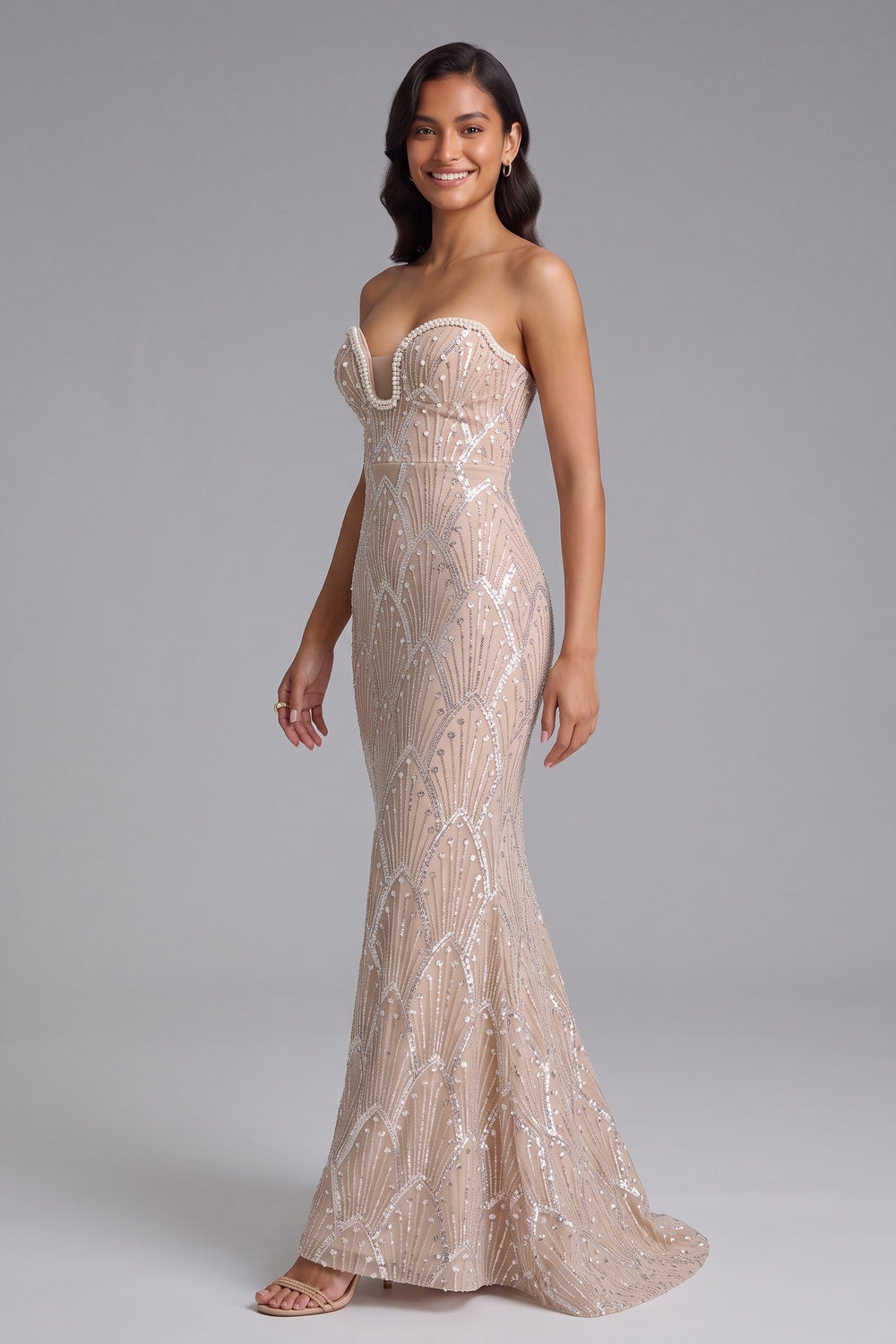 Beaded Mermaid Evening Gown – Strapless Floor-Length Gown Premium Fabric - product view 1