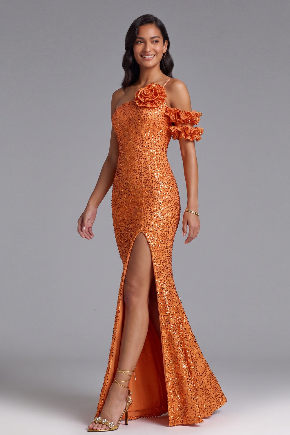 Orange Sequin One-Shoulder Floor-Length Gown Premium Fabric - product view 4