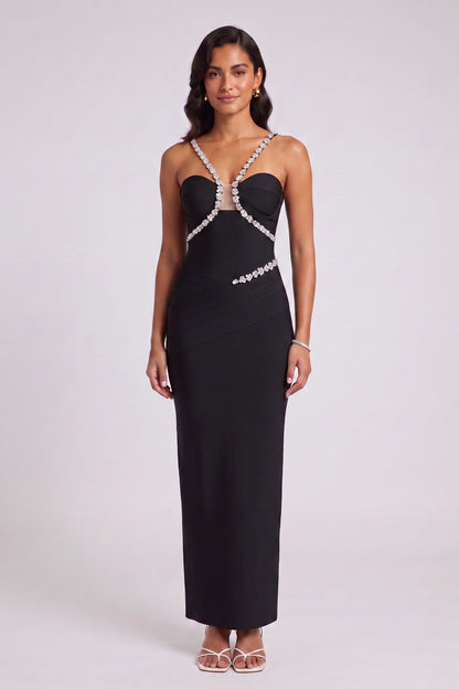 Black Heavy Stretch Knit Column Evening Gown with Crystal Embellishments black heavy stretch knit evening gown - product view 4