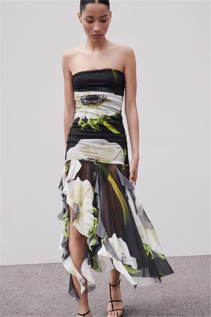 Strapless Printed Tulle Midi Dress