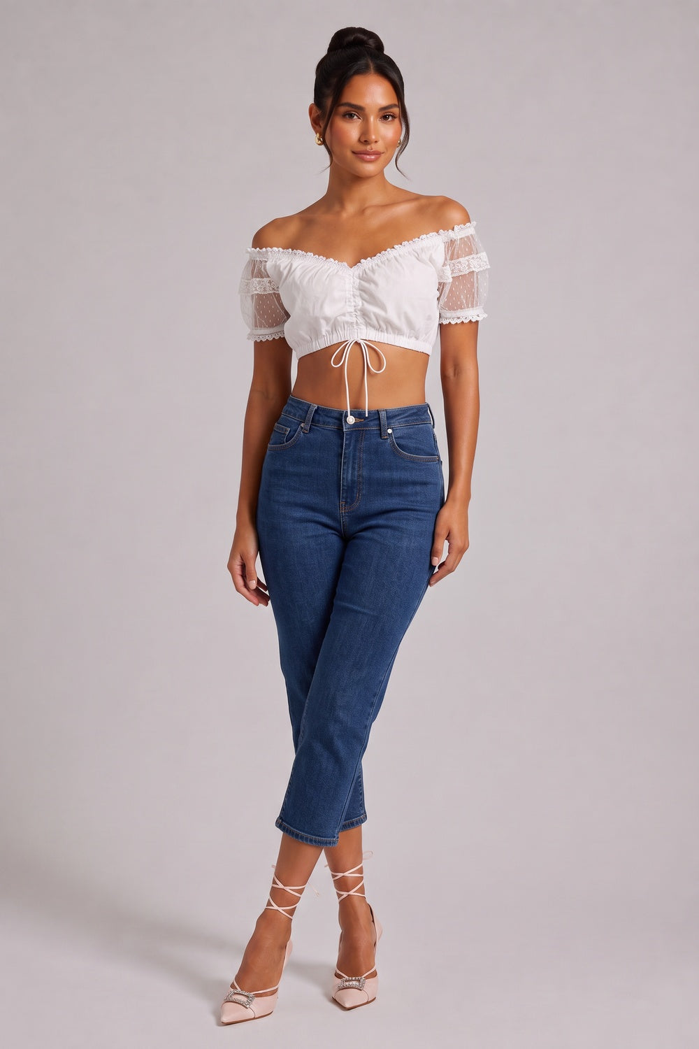 white cotton-blend woven cropped blouse white cotton-blend woven blouse - product view 1