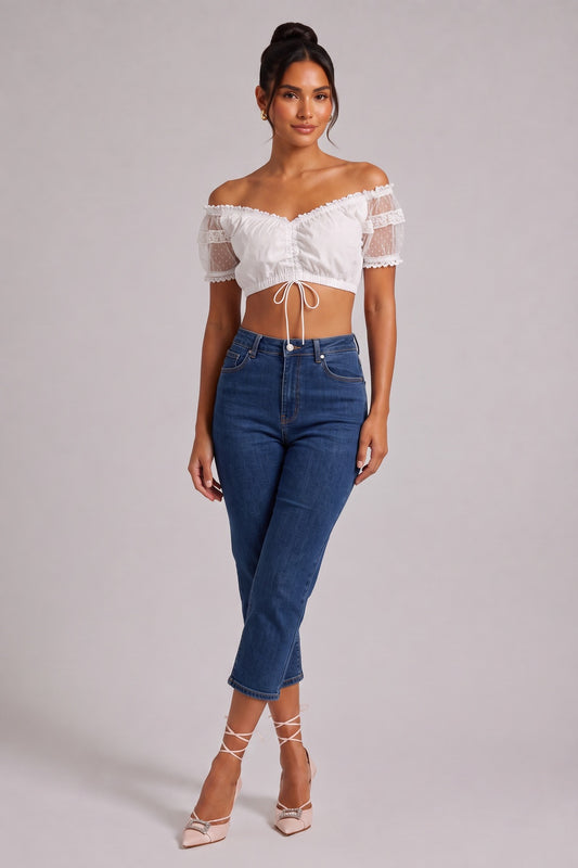 white cotton-blend woven cropped blouse white cotton-blend woven blouse - product view 1