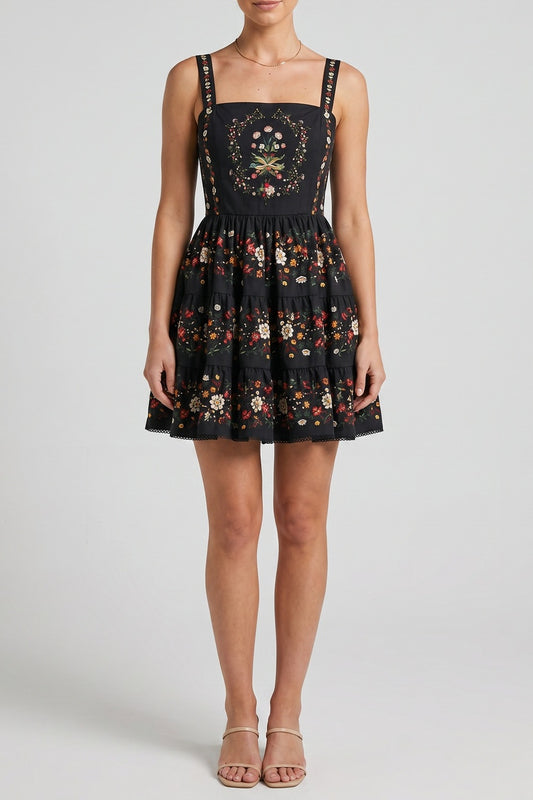 Square Neck Floral Print Tiered Spaghetti Strap Mini Dress