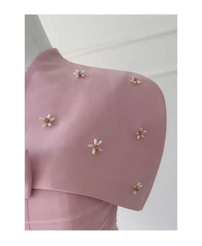 Cape Bow Pearl Corset Pleated Maxi Dress
