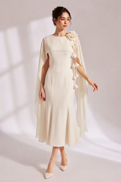 Cape Sleeve 3D Floral Chiffon Midi Mermaid Dress
