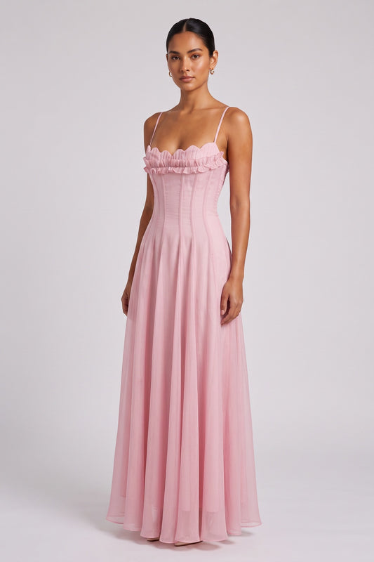 Pastel Pink Chiffon A-Line Maxi Dress pastel pink chiffon dress - product view 1
