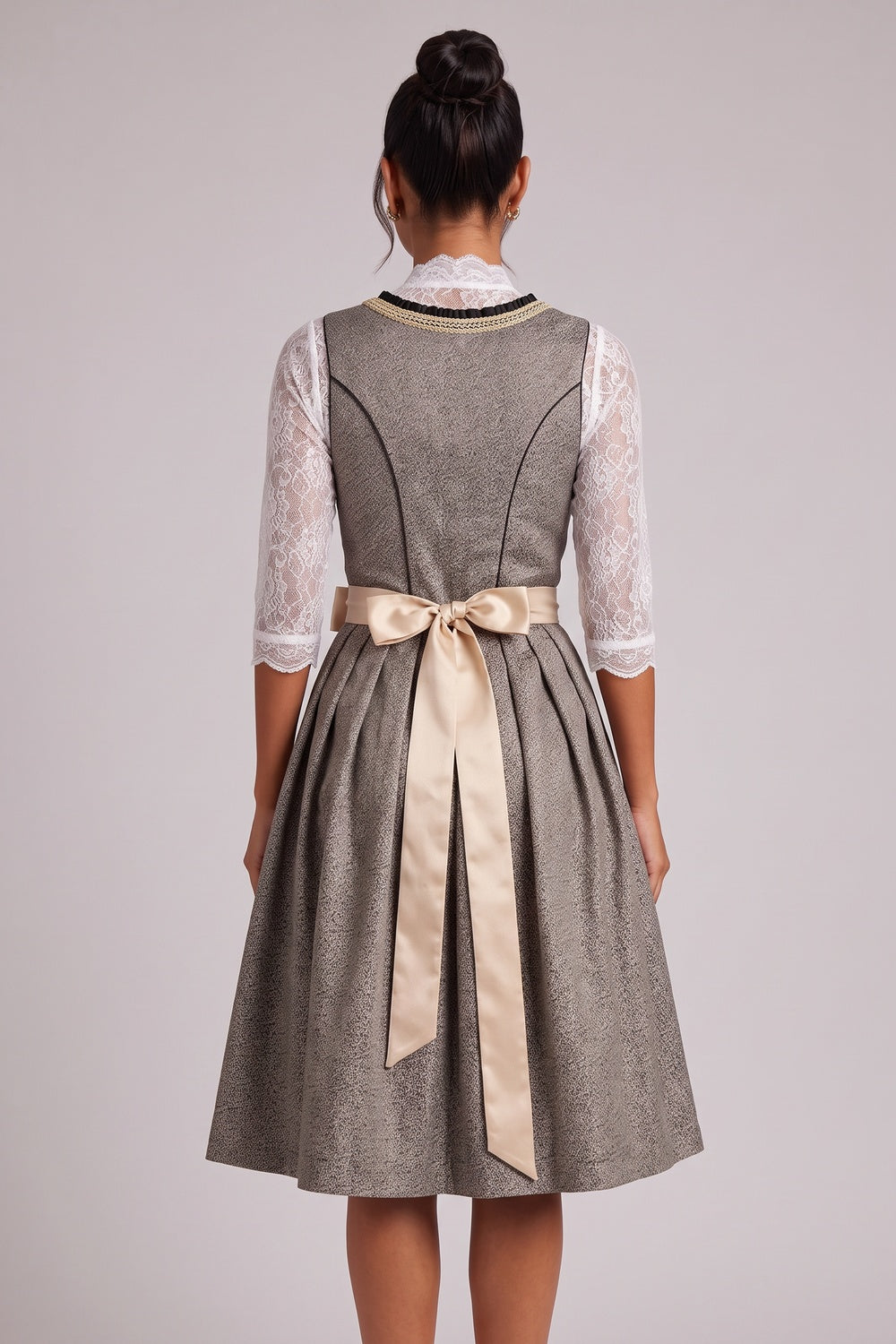 grey-brown melange textured woven jacquard fit-and-flare dirndl dress set grey-brown melange, cream-white textured woven jacquard dirndl dress set - product view 5