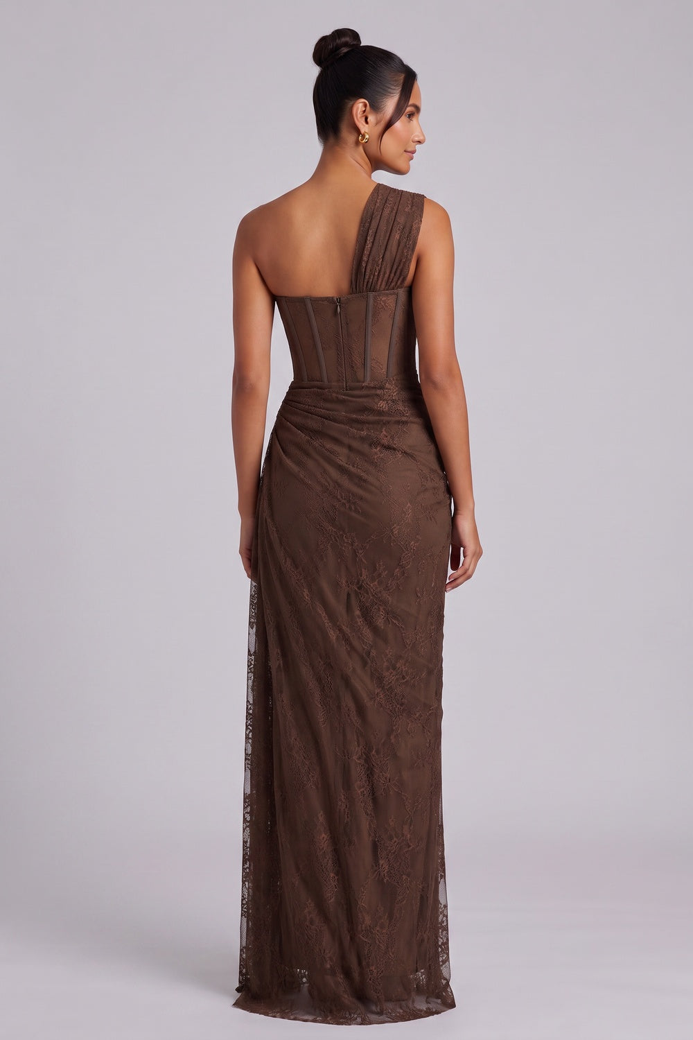 chocolate brown floral lace column gown chocolate brown floral lace gown - product view 5