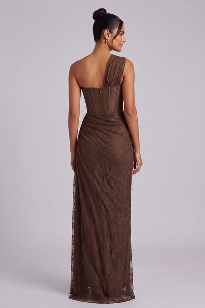 chocolate brown floral lace column gown chocolate brown floral lace gown - product view 5