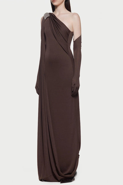 xaviera one-shoulder pleated backless maxi dress in brown