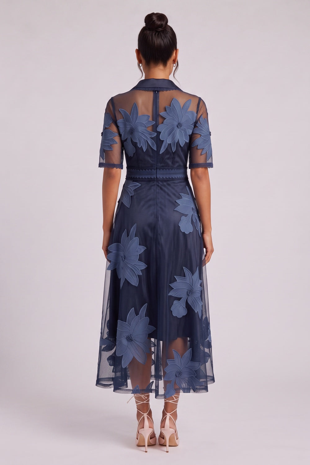 Navy Blue Sheer Organza A-Line Midi Dress with Floral Embroidery navy blue sheer organza mesh dress - product view 5