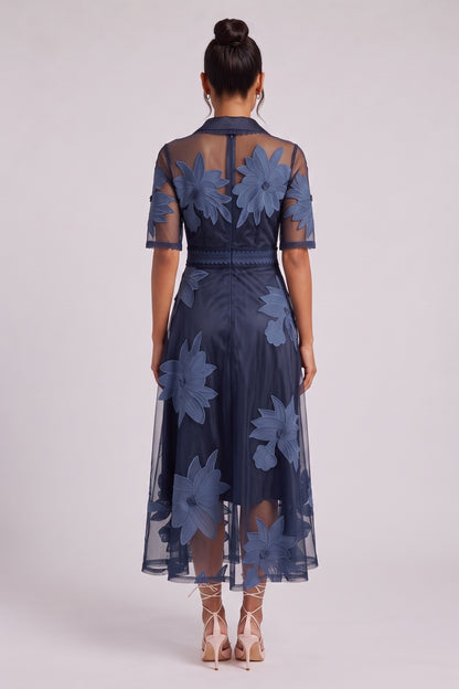Navy Blue Sheer Organza A-Line Midi Dress with Floral Embroidery navy blue sheer organza mesh dress - product view 5