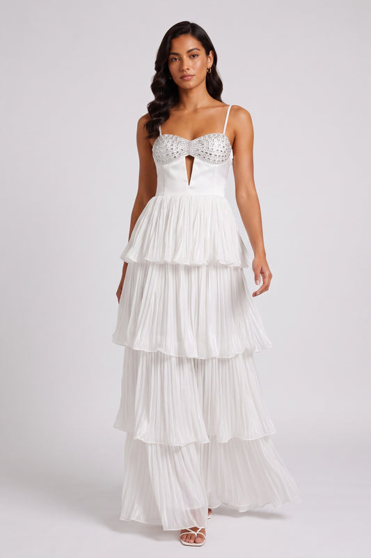 Rhinestone Bustier Tiered Pleated Tulle Maxi Dress