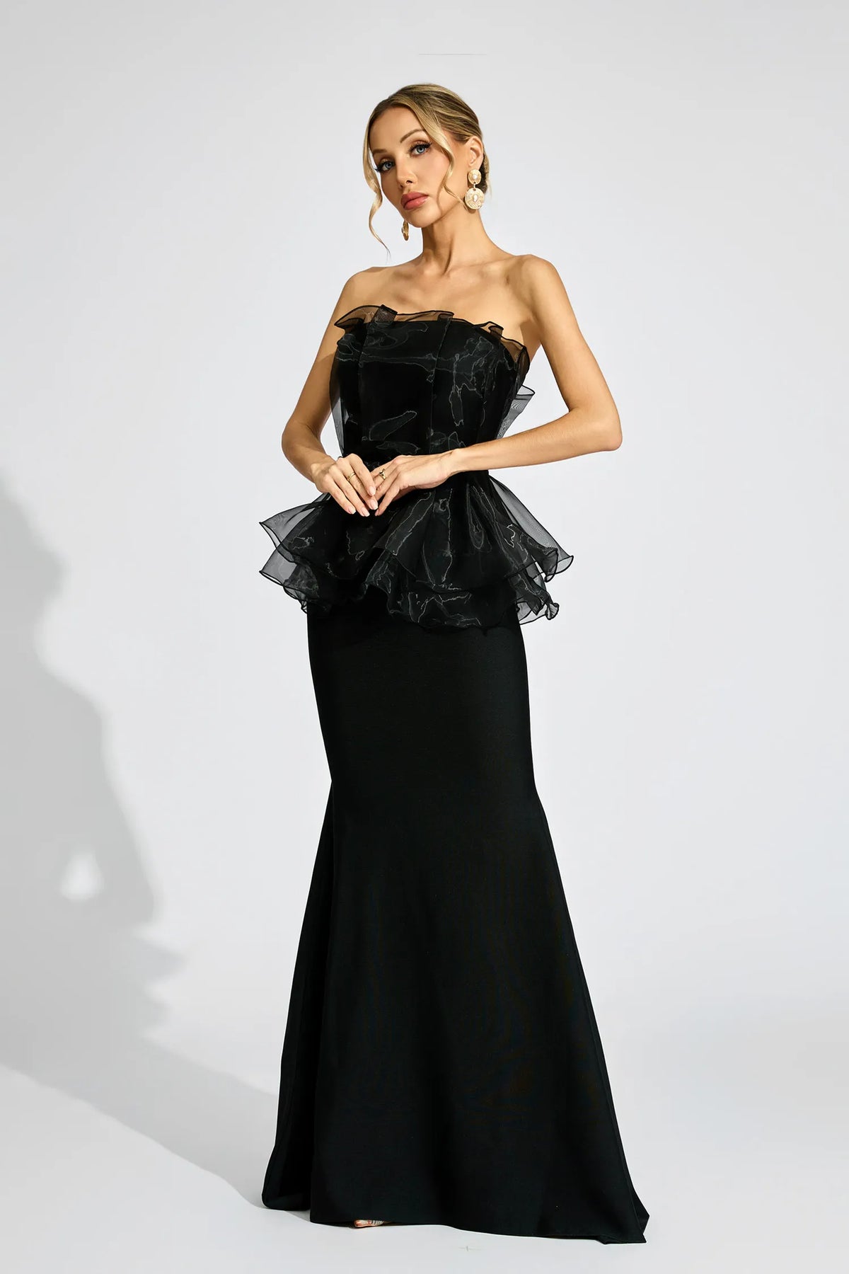 lorraine Black Peplum strapless maxi Dress