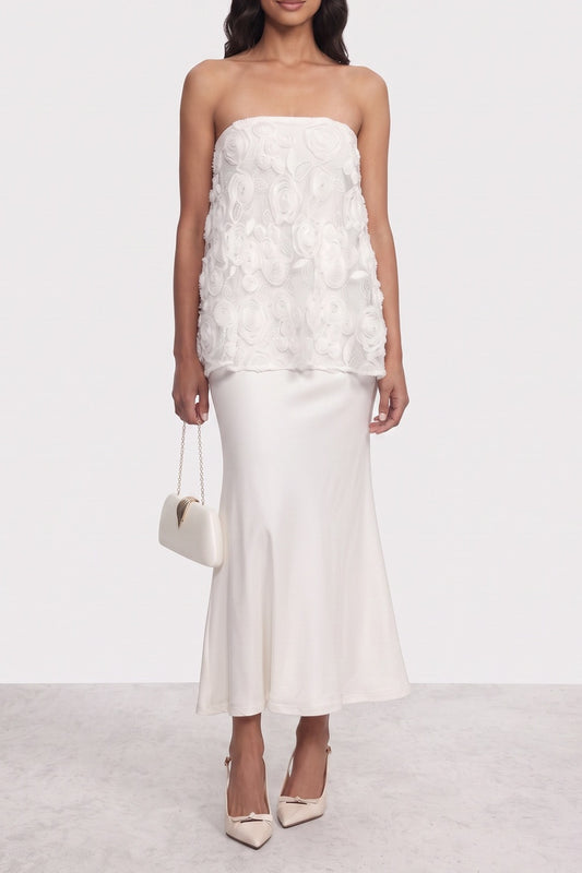 Strapless 3D Floral Lace Top & Rib Midi Mermaid Skirt Two Piece Set