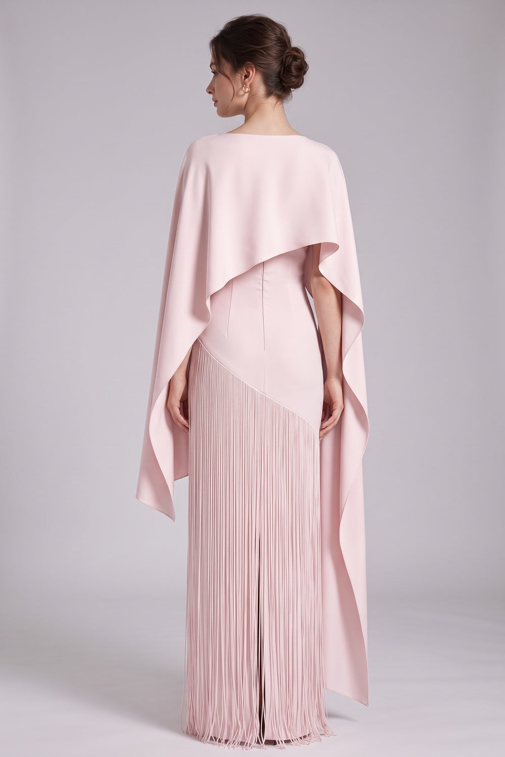 Pale Pink Heavy Matte Crepe Column with Asymmetrical Cape Overlay Evening Gown pale pink heavy matte crepe evening gown - product view 5