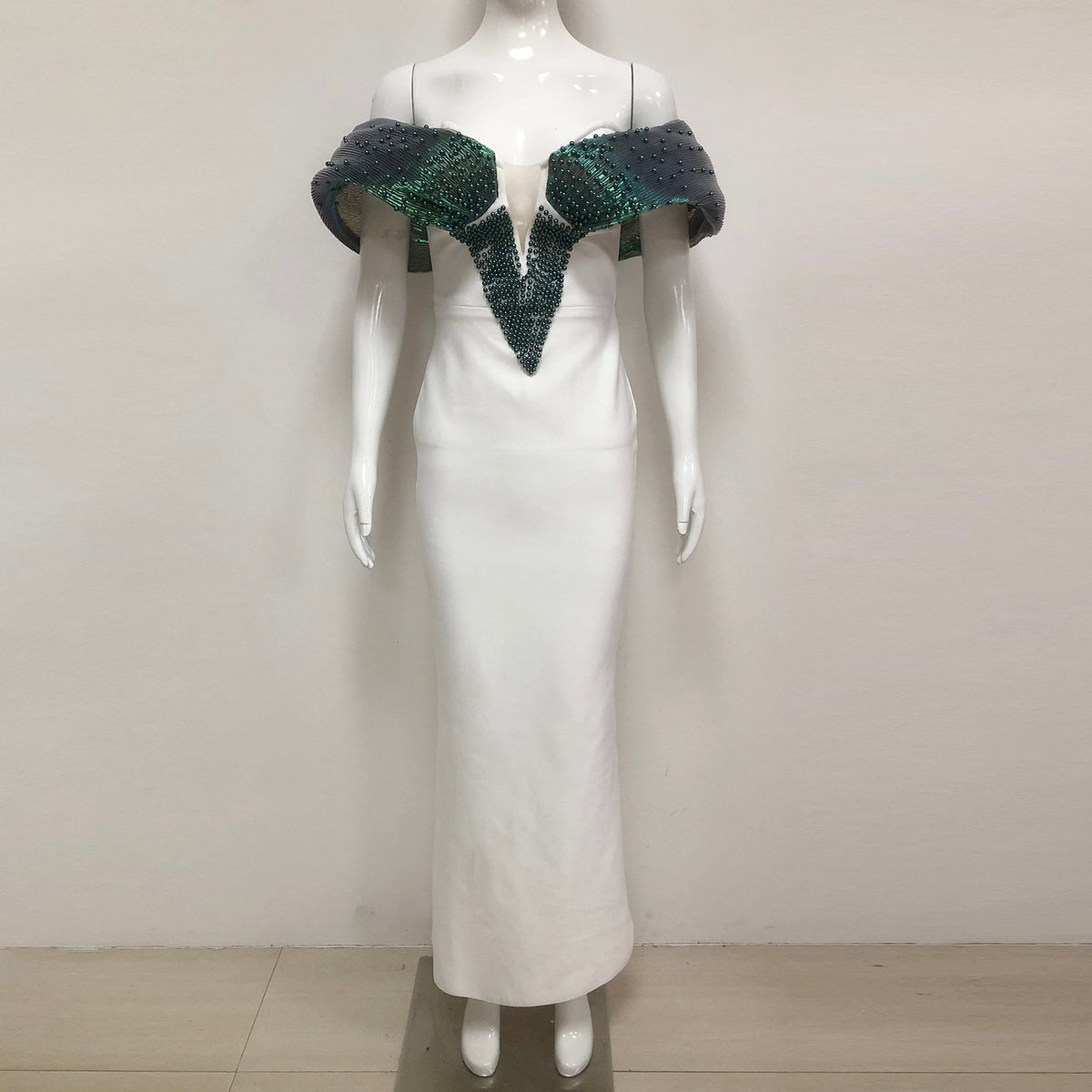Off-Shoulder pearl embellished bodycon maxi dress in green