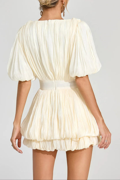 eartha Apricot 3d flower Organza Pleated Mini Dress
