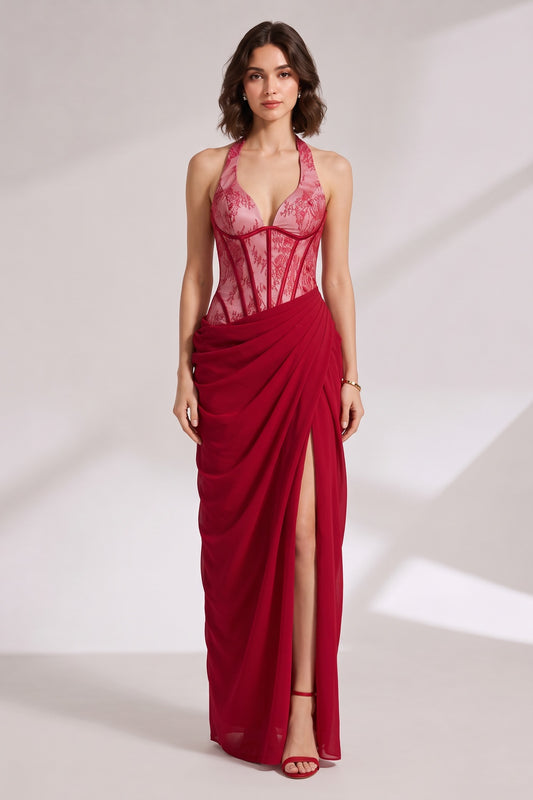 crimson red chiffon sheath with draped skirt gown crimson red chiffon gown - product view 1