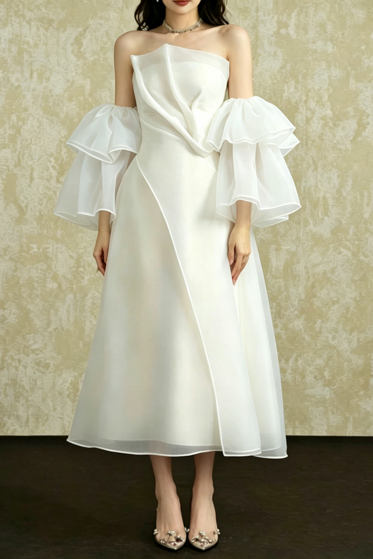 Strapless Layered Organza Midi Dress In White With Bell Cuff Sleeves