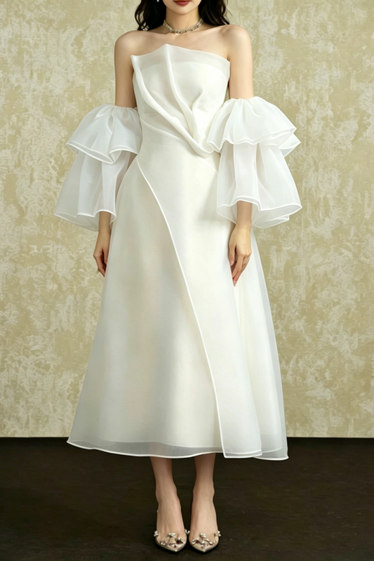 Strapless Layered Organza Midi Dress In White With Bell Cuff Sleeves
