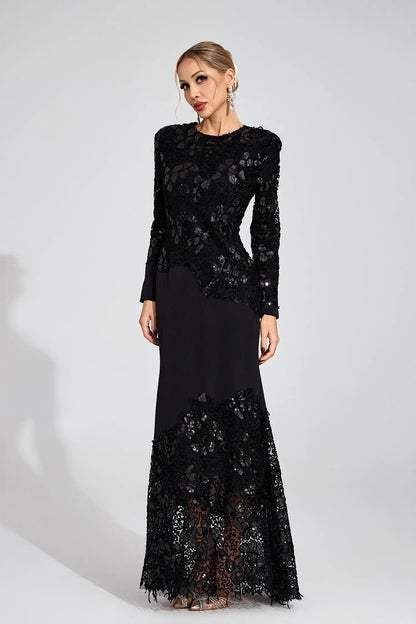 joanna Black long sleeve Embroidered Maxi Dress